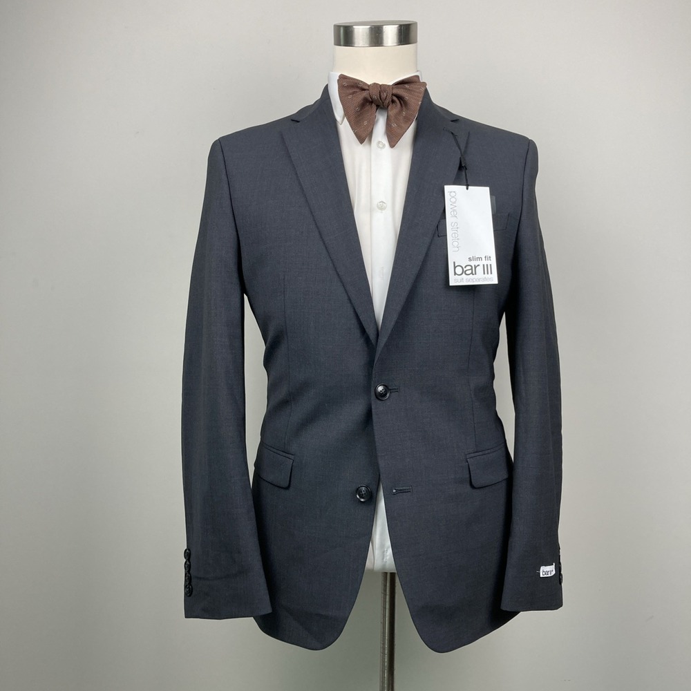Bar III Mens Slim fit Wool Blend Suit Jacket Blazer 40R Charcoal Solid Stretch